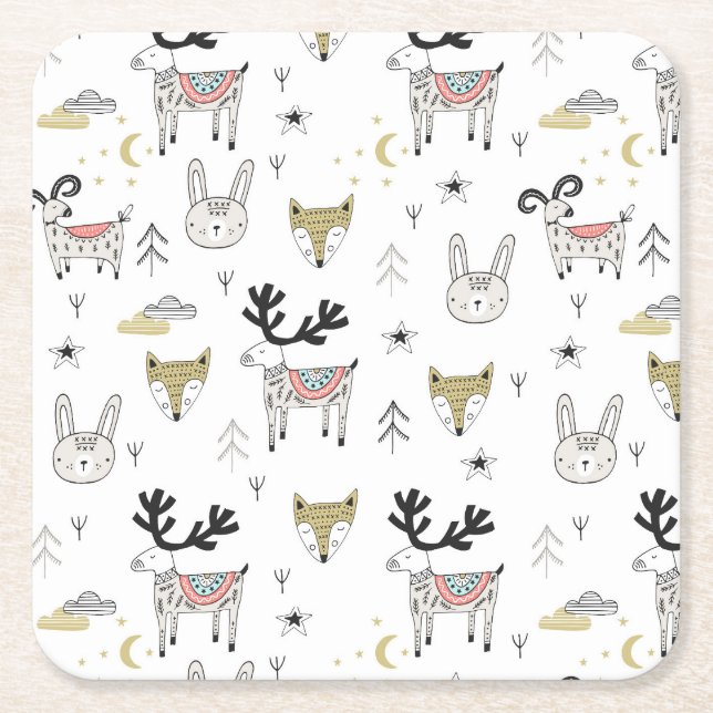 Cute Woodland Animal Doodle Pattern Square Paper Coaster (Front)