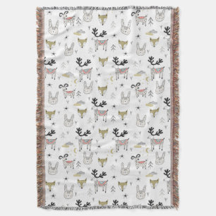 Cute Woodland Animal Doodle Pattern Throw Blanket