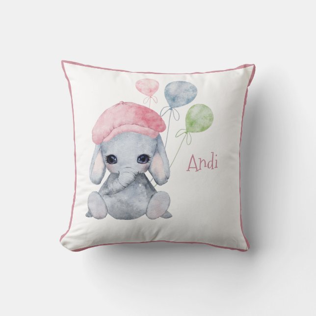 Cute Woodland Animal Girl Elephant Name Nursery Cushion (Front)