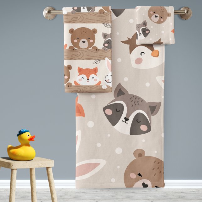 Cute Woodland Animal Kids Pattern Bathroom Bath Towel Set (Creator Uploaded)