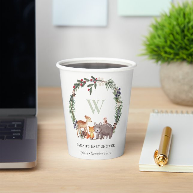 Cute Woodland Animal Leafy Wreath Baby Shower Paper Cups (Insitu)