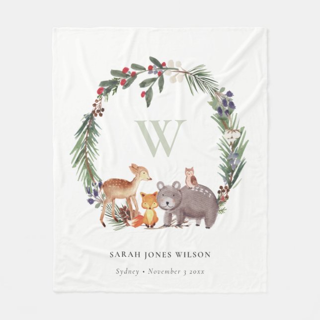 Cute Woodland Animal Leafy Wreath Monogram Kids Fleece Blanket (Front)