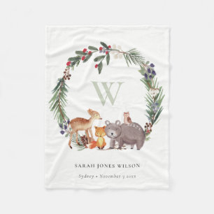 Cute Woodland Animal Leafy Wreath Monogram Kids Fleece Blanket