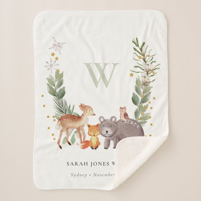 Cute Woodland Animal Leafy Wreath Monogram Kids Sherpa Blanket (Front)