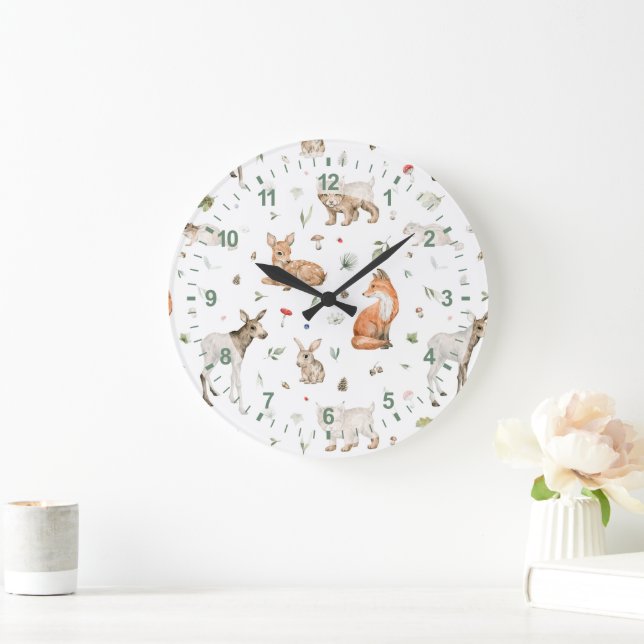 Cute Woodland Animal Pattern Large Clock (Home)