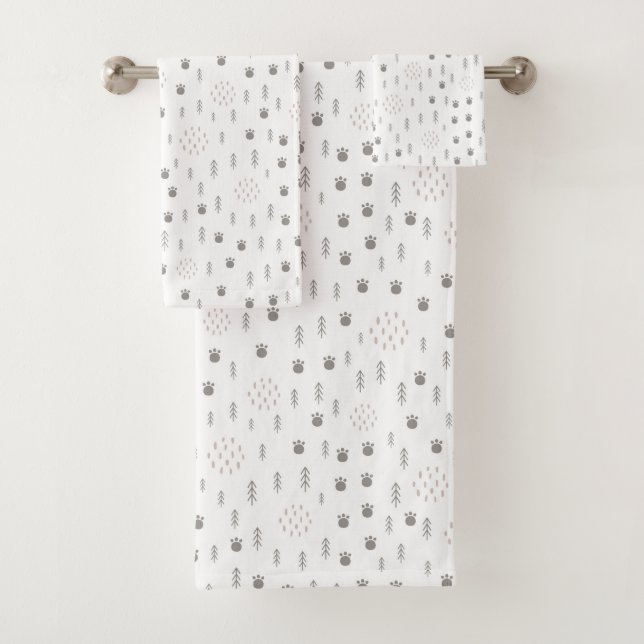 Cute Woodland Animal Track Pattern Bath Towel Set (Insitu)