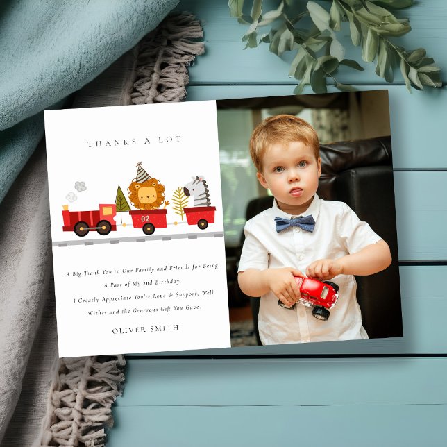 Cute Woodland Animal Train Photo Any Age Birthday Thank You Card (Creator Uploaded)