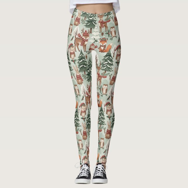 Cute Woodland Animal Winter Forest Pattern Leggings (Front)