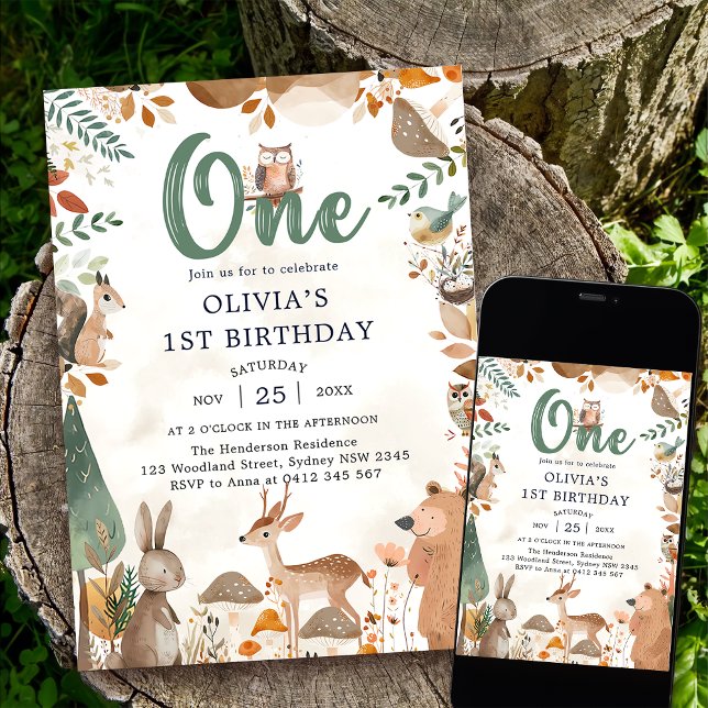 Cute Woodland Animals 1st Birthday Invitation (Creator Uploaded)