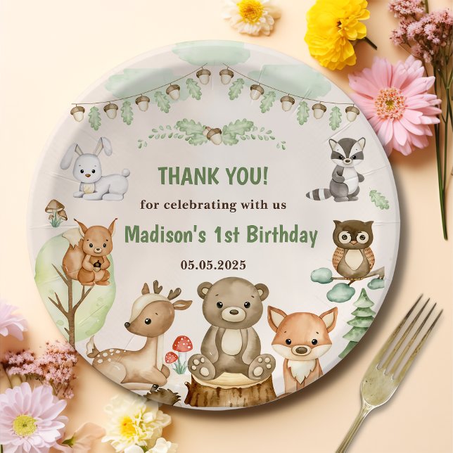 Cute Woodland Animals 1st Birthday Party Paper Pla Paper Plate (Creator Uploaded)