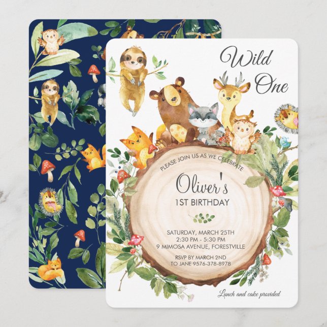 Cute Woodland Animals 1st Birthday Party Wild One Invitation (Front/Back)