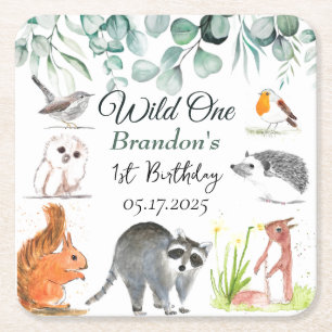Cute Woodland Animals 1st Birthday Wild One Square Paper Coaster