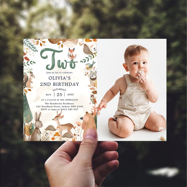 Cute Woodland Animals 2nd Birthday Party Photo  Invitation (Creator Uploaded)