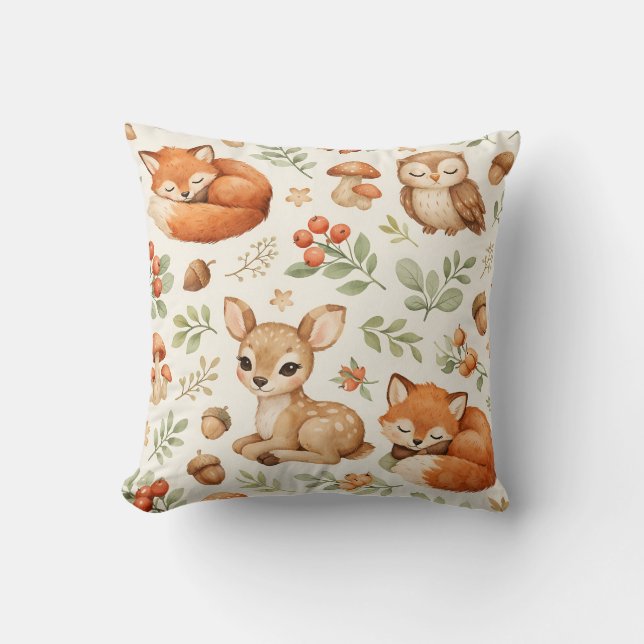 Cute Woodland Animals and Berries Pattern Cushion (Front)