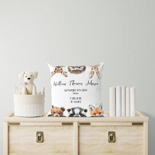 Cute Woodland Animals Baby Birth Stats Cushion