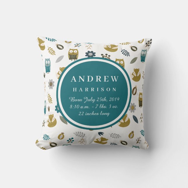 Cute Woodland Animals Baby Boy Announcement Pillow (Front)