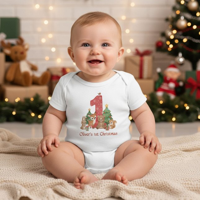 Cute Woodland Animals Baby First Christmas Red 1 Baby Bodysuit (Creator Uploaded)