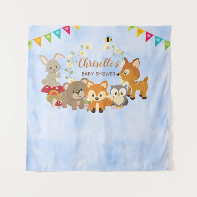Cute Woodland Animals Baby Shower Backdrop Banner Tapestry (Front)
