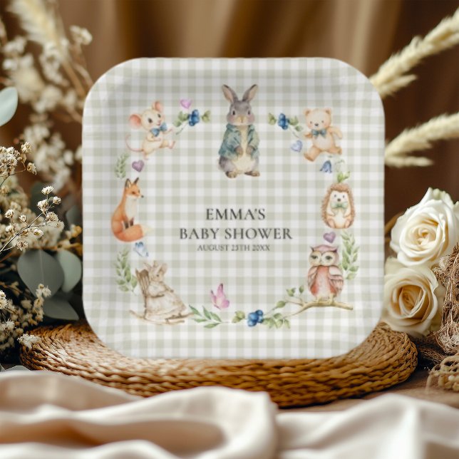 Cute Woodland Animals Baby Shower Gingham Plates (Creator Uploaded)