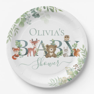 Cute Woodland Animals Baby Shower Greenery Favour Paper Plate