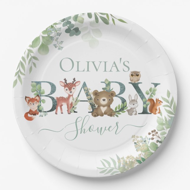 Cute Woodland Animals Baby Shower Greenery Favour  Paper Plate (Front)