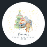 Cute Woodland Animals Baby's First Christmas Photo Classic Round Sticker<br><div class="desc">Cute Baby's first Christmas woodland forest animals at the piano with starry skies in the background.  Add baby's awesome photo for the best forever keepsake holiday gift.</div>