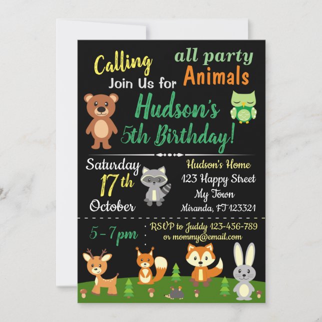 Cute woodland animals birthday invitation (Front)