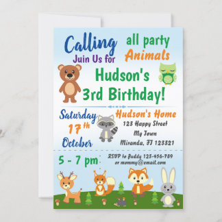 Cute woodland animals birthday invitation