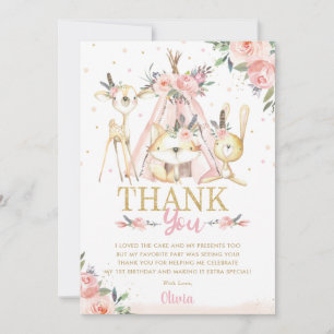 Cute Woodland Animals Boho Tribal Birthday Party Thank You Card