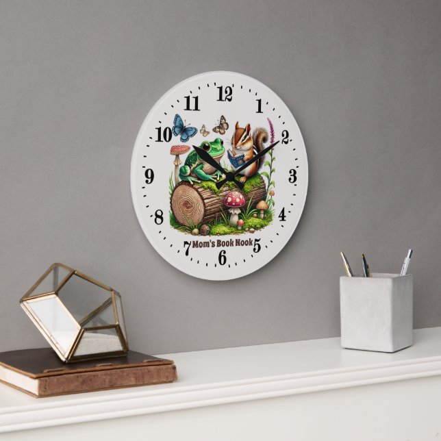 Cute woodland animals book nook reading lovers large clock (Office)