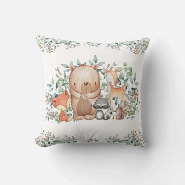Cute Woodland Animals / Botanical Forest Nursery Cushion (Front)