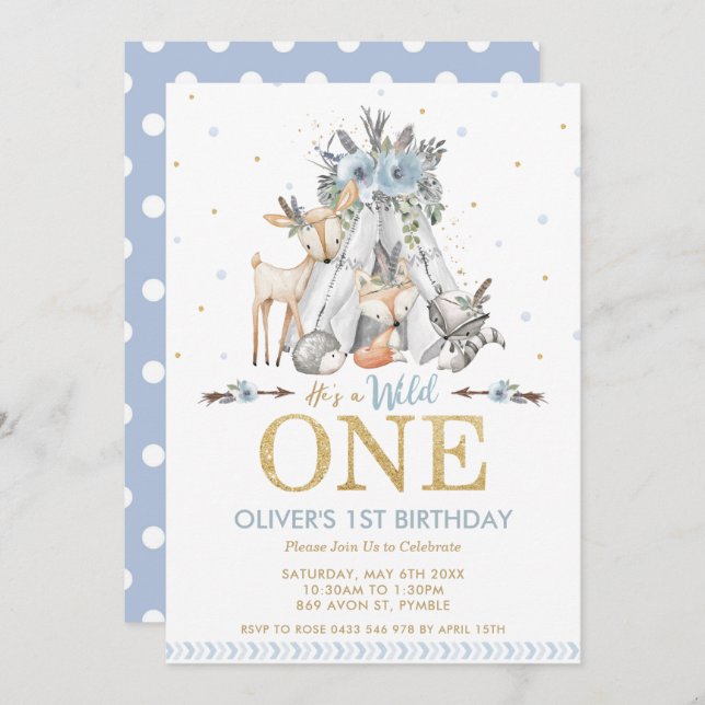 Cute Woodland Animals Boy Wild One 1st Birthday Invitation (Front/Back)