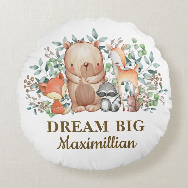 Cute Woodland Animals / Dream Big Baby Boy Nursery Round Cushion (Front)