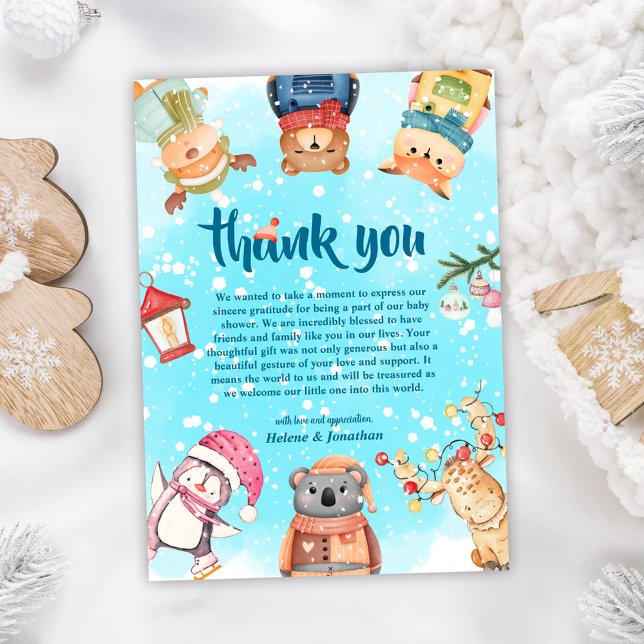 Cute Woodland Animals Elegant Winter Baby Shower Thank You Card (Cute Woodland Animals Elegant Winter Baby Shower Thank You Card)