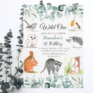 Cute Woodland Animals Eucalyptus First Birthday Invitation