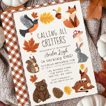Cute Woodland Animals Fall Autumn Kids Birthday Invitation<br><div class="desc">This cute, kids birthday invitation features woodland animals, such as a squirrel, fox, bear, deer, robin, and bunny, along with autumn leaves, mushrooms, pinecones, and acorn with the text "Calling all Critters". The reverse side features an autumn orange plaid pattern. Personalise for your needs. You can find more matching products...</div>