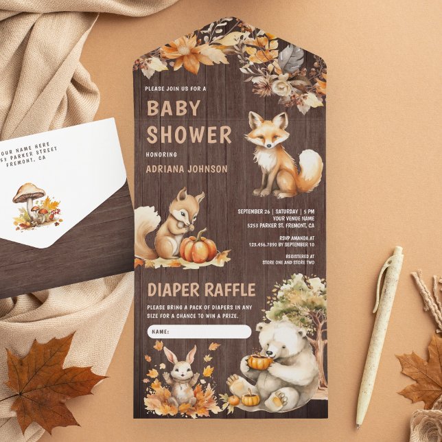 Cute Woodland Animals Fall Autumn Wood Baby Shower All In One Invitation (Creator Uploaded)