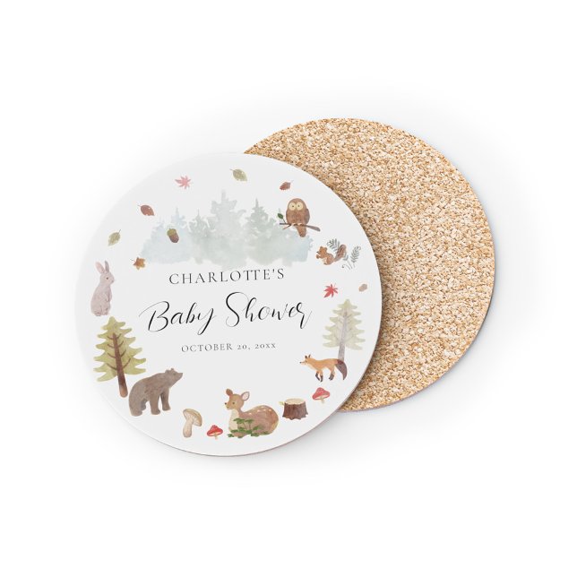 Cute Woodland Animals Fall Baby Shower Coaster (Rustic Woodland Animals Script Baby Shower Coaster)