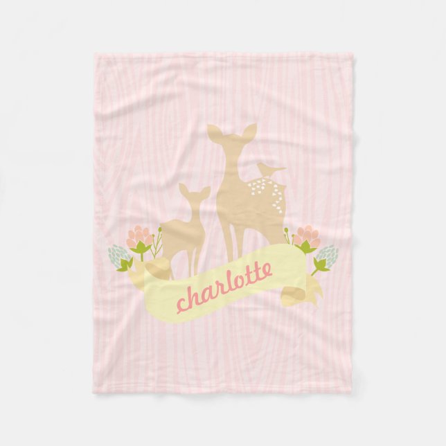 Cute Woodland Animals Fawn & Flowers Personalised Fleece Blanket (Front)