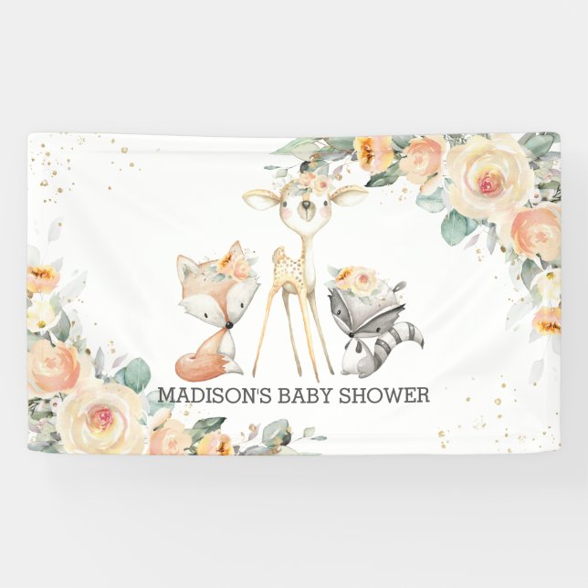 Cute Woodland Animals Floral Baby Shower Backdrop  Banner (Horizontal)