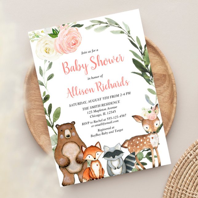 Cute woodland animals floral girl baby shower invitation (Creator Uploaded)