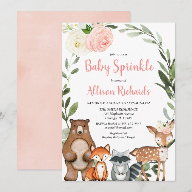 Cute woodland animals floral girl baby sprinkle invitation (Front/Back)