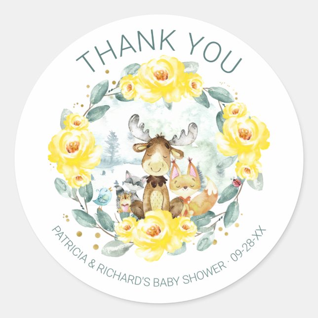 Cute Woodland Animals Floral Greenery Baby Shower Classic Round Sticker (Front)