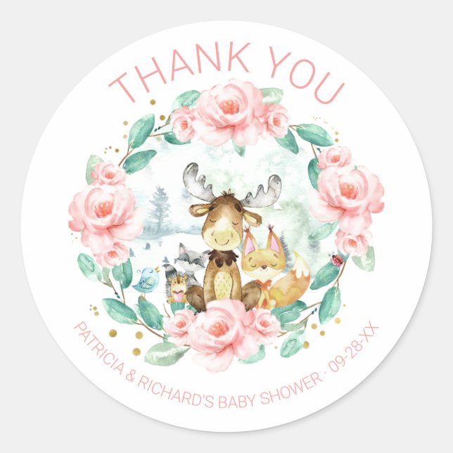 Cute Woodland Animals Floral Greenery Baby Shower Classic Round Sticker (Front)