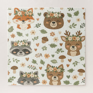 Cute Woodland Animals Floral Pattern Jigsaw Puzzle