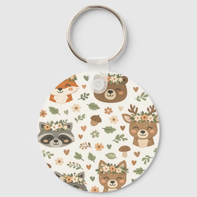 Cute Woodland Animals Floral Pattern Key Ring (Front)