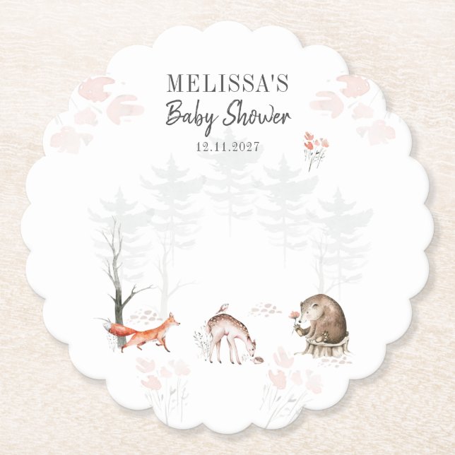 Cute Woodland Animals Forest Baby Shower Paper Coaster (Front)