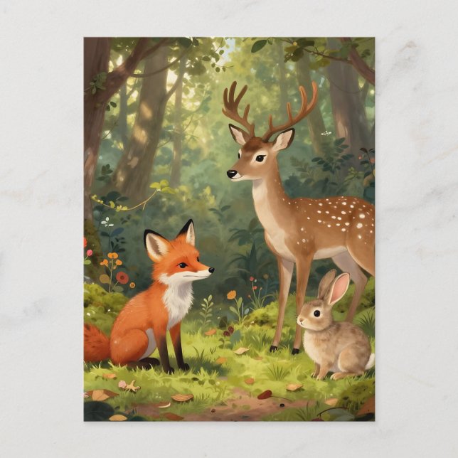 Cute Woodland Animals Forest Scene Postcard (Front)