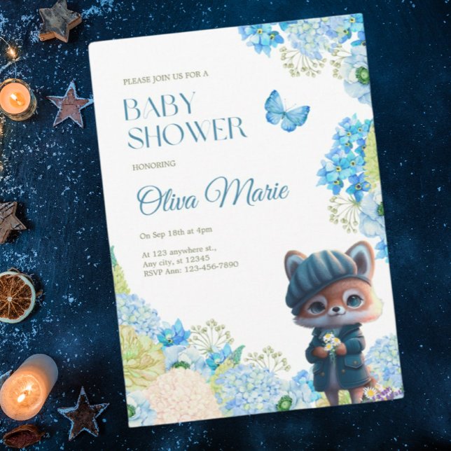 Cute Woodland Animals Fox Blue Floral Baby Shower Invitation (Creator Uploaded)