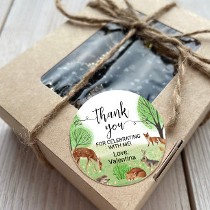 Cute Woodland Animals Fox Elegant Script Thank You Classic Round Sticker